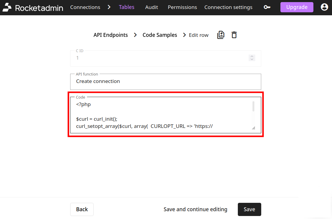 Rocketadmin API Endpoints showing auto-generated PHP code samples for REST API integration