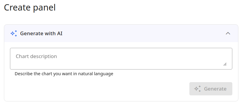 Create panel dialog with Generate with AI option and natural language chart description input