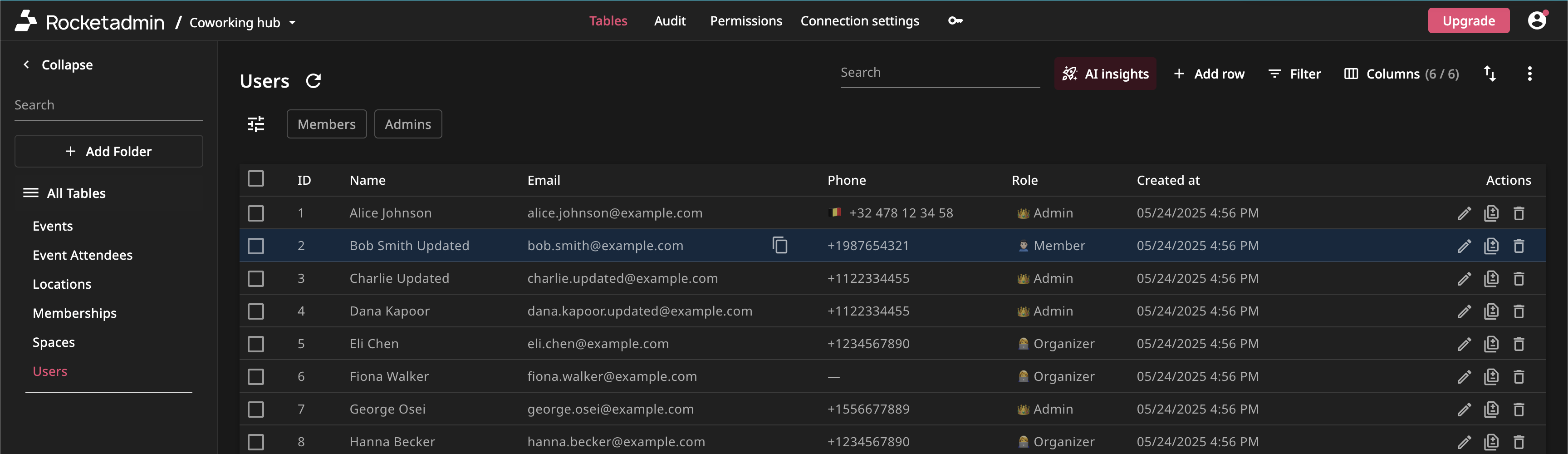 Rocketadmin dashboard showing data table with CRUD operations