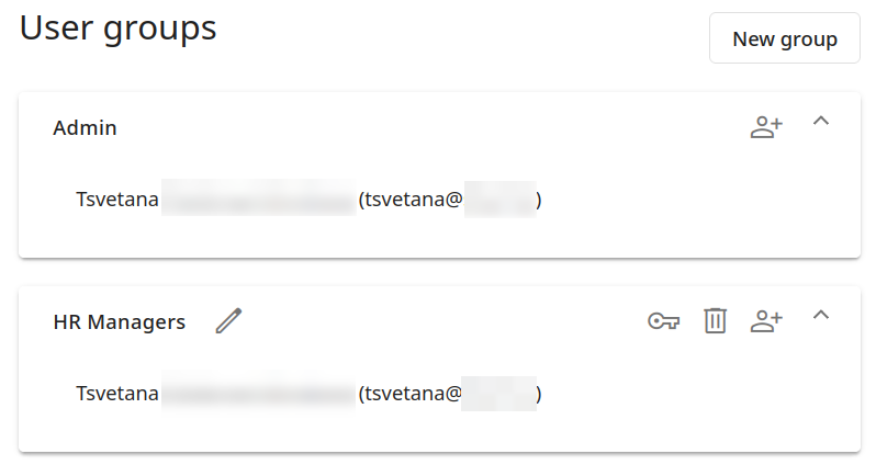 Rocketadmin user groups showing Admin and HR Managers groups with team member assignments